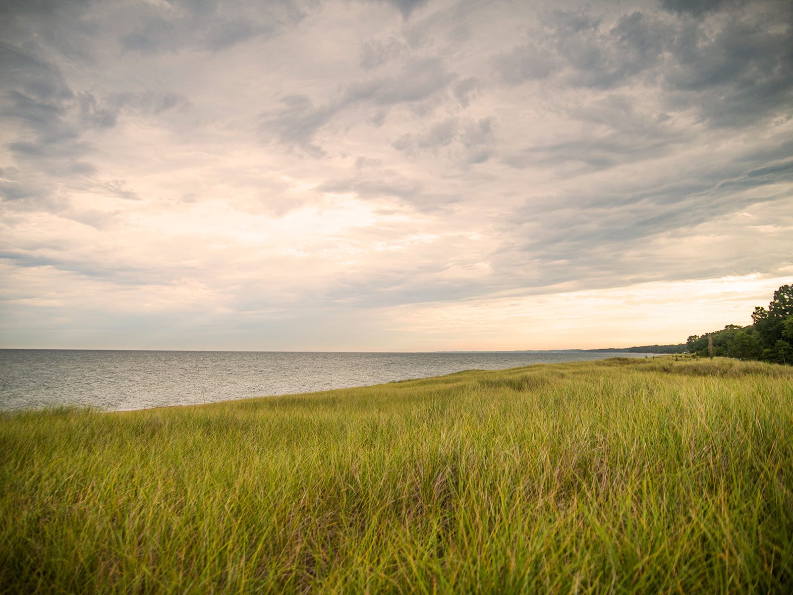 Lake-Michigan-scenic-walks A slightly cloudy day looking out over Lake Michigan, with lush green grass below