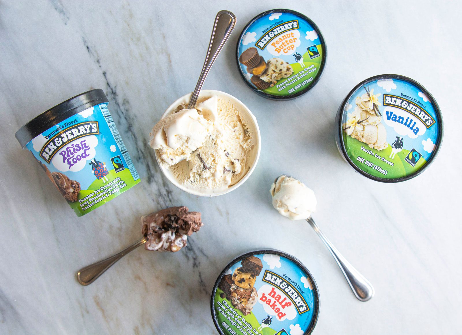 ben-and-jerrys-hotline Pints of Ben & Jerry's ice cream on a marble tabletop at The Harbor Grand Hotel in New Buffalo, Michigan.